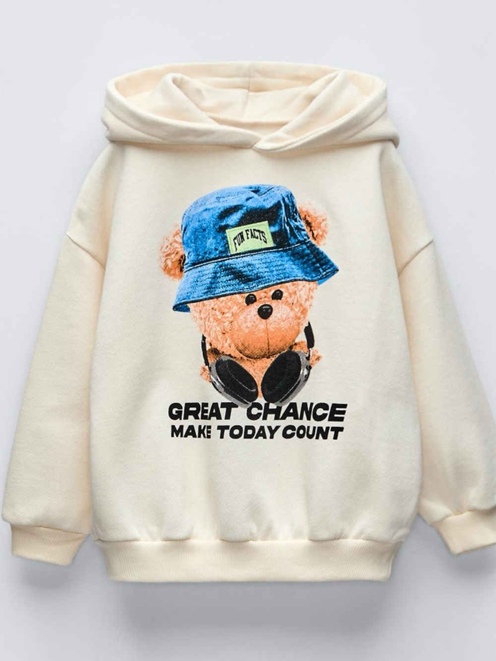 Zara boys Ivory Bear Printed Hoodie with Blue Bucket Hat Print Sz 4 yrs